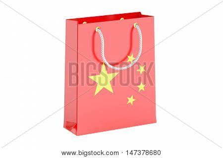 Shopping bag with flag of China 3D rendering isolated on white background
