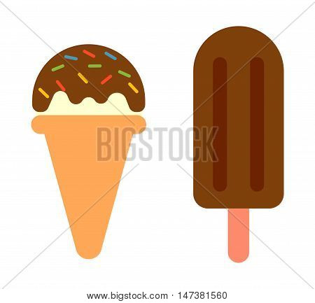 Sweet cartoon cold ice cream set and tasty cartoon frozen icecream collection vector delicious. Set of ice cartoon colorful ice-cream desserts. Chocolate and milk icecream vector illustration