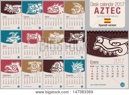 Desk triangle calendar 2017 template with Aztec symbols design. Size: 150mm x 210mm. Format vertical. Vector image. Spanish version