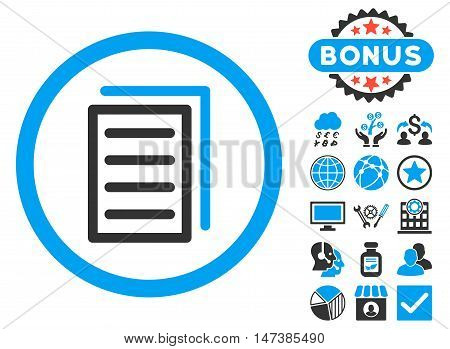 Copy Document icon with bonus symbols. Vector illustration style is flat iconic bicolor symbols, blue and gray colors, white background.