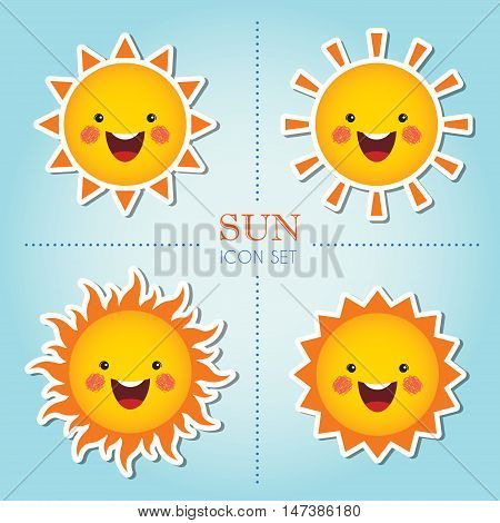 Set of cute smiling sun cartoon character in different shapes / Sun icon set / Summer vector illustration.