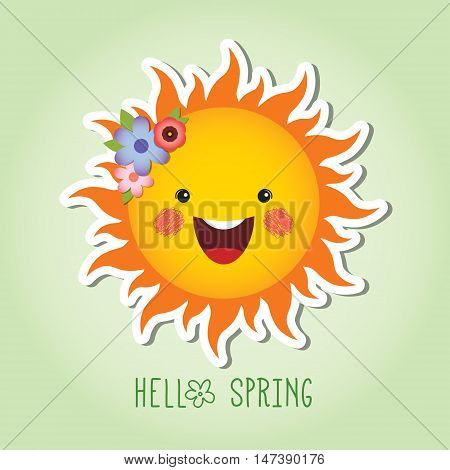 Cute smiling sun cartoon character with spring flowers / Spring vector illustration / Hello spring.