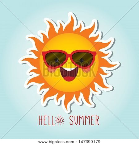 Cute smiling sun cartoon character with sunglasses / Summer vector illustration / Hello summer.