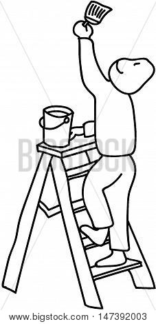 Young man standing on a ladder painting