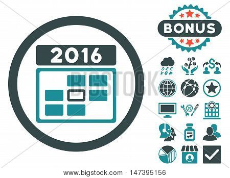 2016 Date icon with bonus pictogram. Vector illustration style is flat iconic bicolor symbols, soft blue colors, white background.