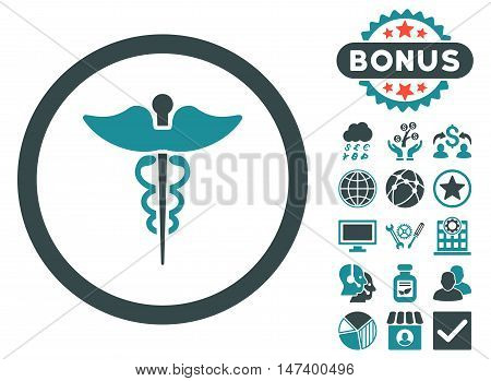 Caduceus icon with bonus symbols. Vector illustration style is flat iconic bicolor symbols, soft blue colors, white background.