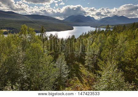 Rondane National Park. Green forest and lake river landscape. Norway. Horizontal