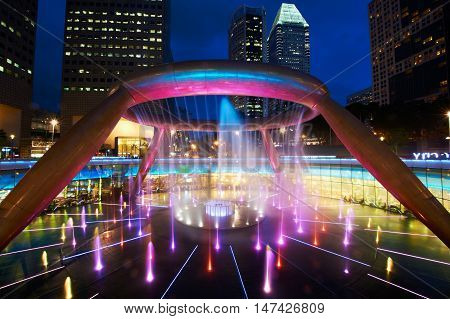 The Fountain of Wealth is listed by the Guinness Book of Records in nineteen nine tie eight as the largest fountain in the world.It is located in one of Singapore's largest shopping malls.