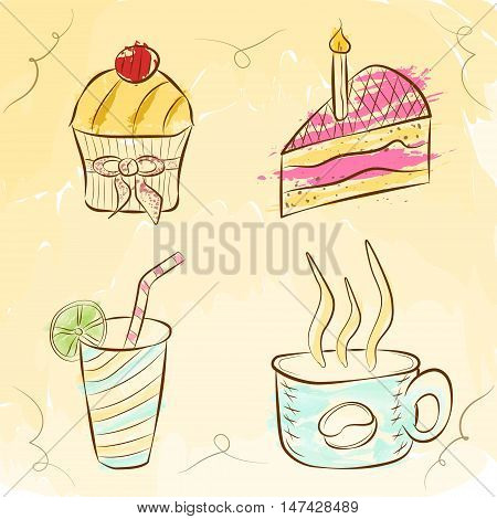 Hand drawn cake coffee and soda illustration with colorful watercolor splashes.