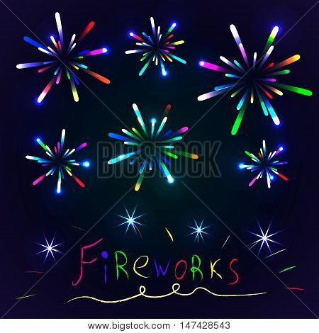 Vector fireworks on a black background with a hand drawn inscription