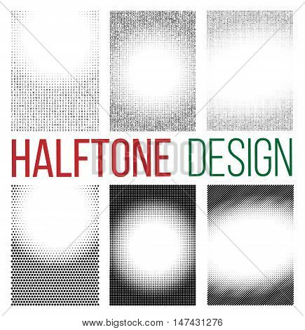 Collection set of different abstract halftone art elements. Dots squares letters and line background