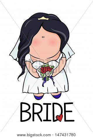 bridal shower. cute girl in wedding dress hending flowers. print on t-shirt. Bachelorette party. red heart. banner or sticker.
