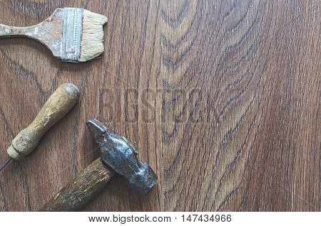 Different tools on a wooden background copyspace