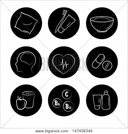 9 Medicine icon set. Vector signs. Capsule. Medical pill, vitamins, heartbit, health, head with brain. round black illustrations. flat style