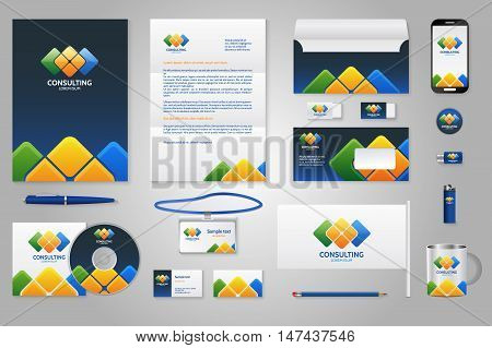 Corporate identity branding template. Business documentation. Business stationery mock-up with logo. Triangular colorful with blue background. Pen and pencil phone document badge letter envelope