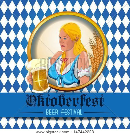 Oktoberfest design with beautiful cute girl with a beer glass in hand. Beer Festival. Vector illustration