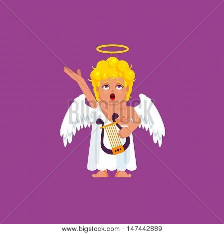 Stock vector illustration an Angel with harp sings a song, character for halloween in a flat style