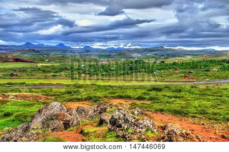 Typical rural landscape of Iceland as seen from Kerid crater