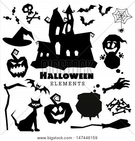 Happy Halloween scary black silhouettes collection. Vector holiday set of spooky cartoon illustrations. Pumpkin bat ghost witch hat cat spider skull bone boiler castle moon broom. Trick or treat