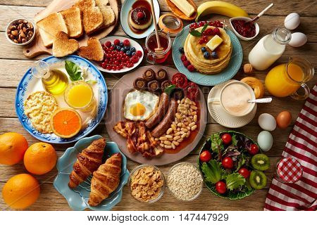 Breakfast buffet full continental and english coffee orange juice salad croissant fruit