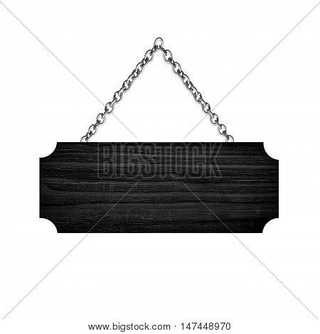 Black Wooden sign hanging on a chain isolated on white