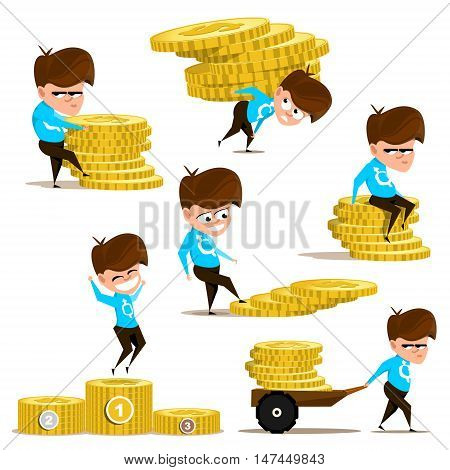 Images of boy with coins. People and money. Vector illustration