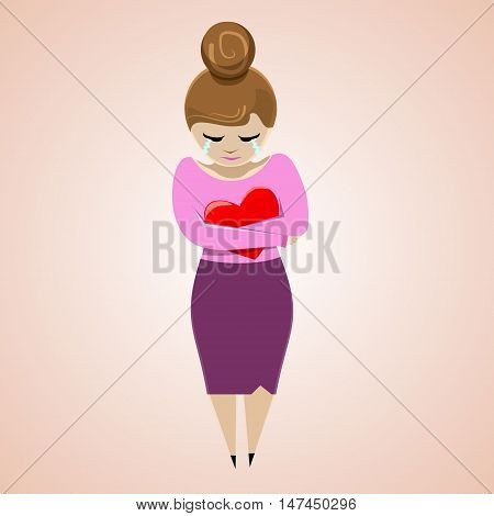 Crying girl with heart. Flat illustration. Vector