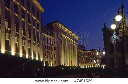 President work place building and House with Chimaeras evening view. All buildings are illuminated.