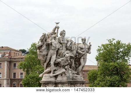 ROME, ITALY - JUNE 12, 2015: Sculpture at Vittorio Emanuele II Bridge Rome Italy.