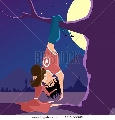 couple kissing in the woods at night. Flat illustration. Vector.