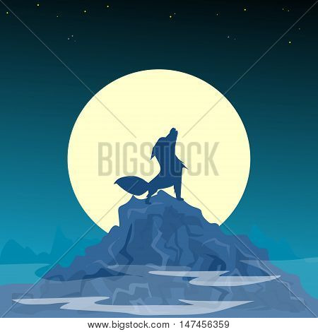 Halloween night background with mountains, wolf and moon. Vector illustration.