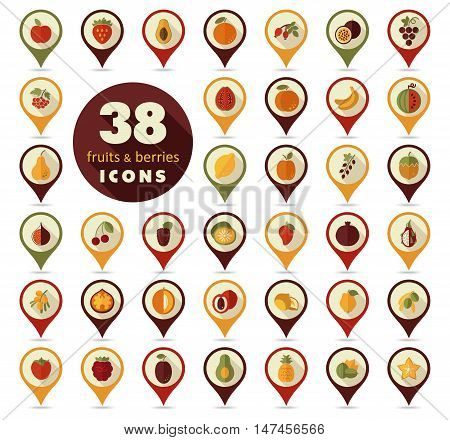 Set of Fruits and Berries pin map icon. Map pointer. Map markers. Vector illustration eps 10