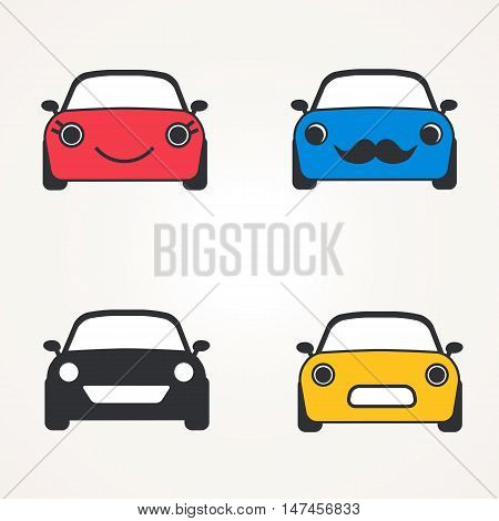 Cute cars icons ( sign ) front view set. Vector illustration. Symbols of car's front side against white background automobile silhouette.