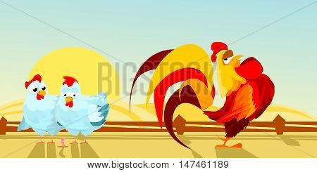 poultry yard. farm. two hens and a rooster. Vector illustration