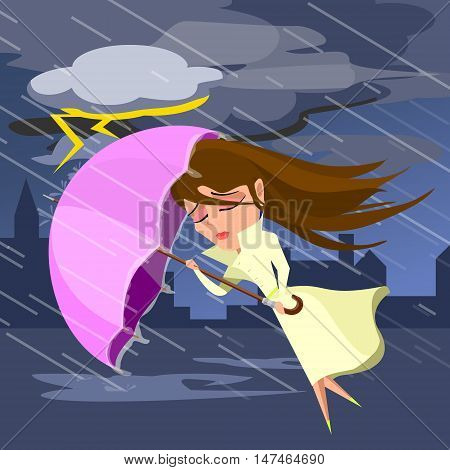 girl hiding from the rain under an umbrella. Vector illustration.