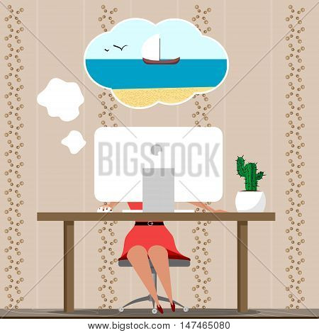 woman at the computer thinking about vacation. Flat illustration. Vector