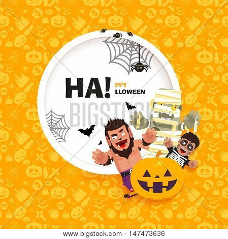 Stock vector banner Happy Halloween with the characters in a flat style on seamless pattern for printed materials, cards, greetings, invitations to a party