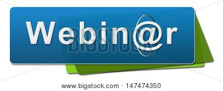 Webinar text with symbol written over blue green background.