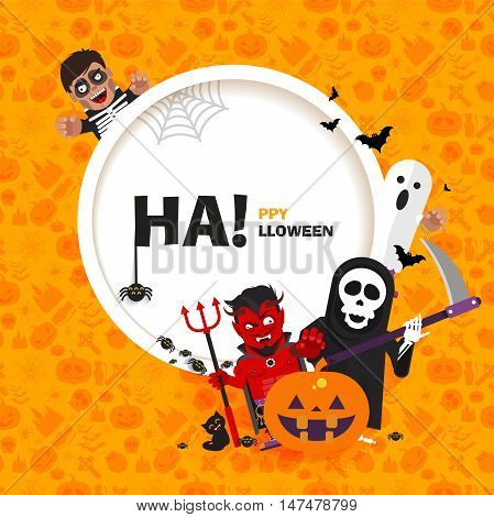 Stock vector banner Happy Halloween with the characters in a flat style on seamless pattern for printed materials, cards, greetings, invitations to a party