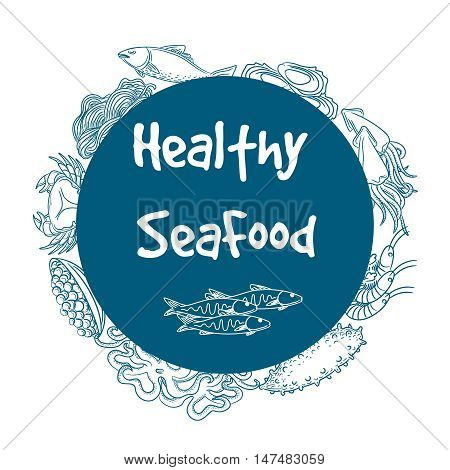 Hand drawn healthy seafood circle banner label vector