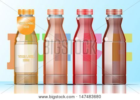 Vector set of transparent glass or plastic orange, burgundy and red liquid bottle with caps for juice mockup ready for your design