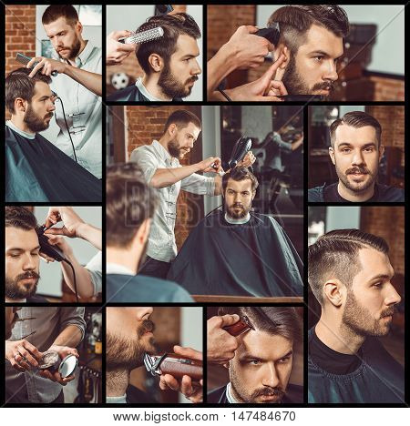 Barber at work. Collage of handsome bearded man getting haircut and beard grooming at barbershop