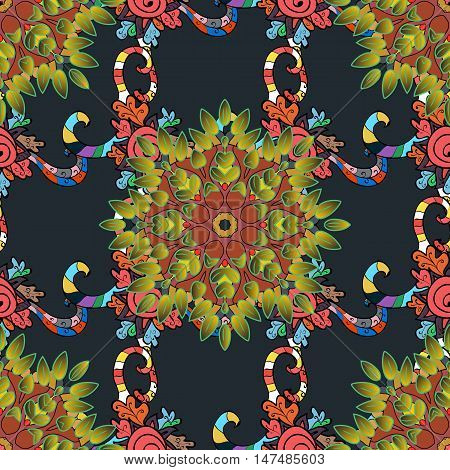seamless texture with abstract flowers colorful doodles mandala on dark blue background.