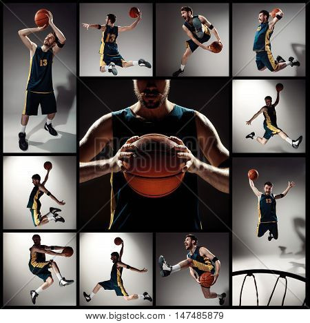 Collage of basketball photos - ball in hands and male player on gray background
