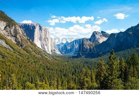 Yosemite National Park California panoramic view of the valley with the El Capitan and the Cathedral Spires mountains