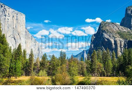 Yosemite National Park California panoramic view of the valley with the El Capitan and the Cathedral Spires mountains