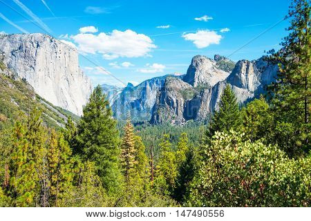 Yosemite National Park California panoramic view of the valley with the El Capitan and the Cathedral Spires mountains