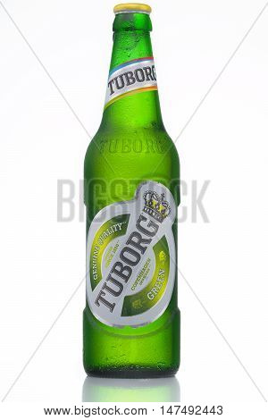 MINSK, BELARUS-AUGUST 23, 2016. Tuborg is a Danish brewing company founded in 1873 by Carl Frederik Tietgen. Since 1970 it has been part of the Carlsberg Group. The brewery was founded in Hellerup (Gentofte Municipality) a part of northern Copenhagen Denm