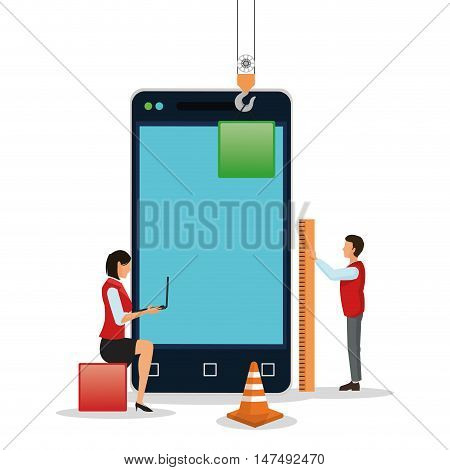 Avatar people with blocks and smartphone icon. Industry app and construction theme. Colorful design. Vector illustration