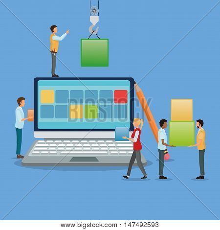 Avatar people with blocks and laptop icon. Industry app and construction theme. Colorful design. Vector illustration